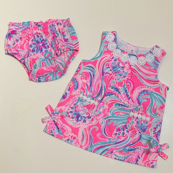 Lilly Pulitzer Other - NWOT Lilly Pulitzer Pink & Aqua Swirl Dress with Matching Bloomers | 3-6 months